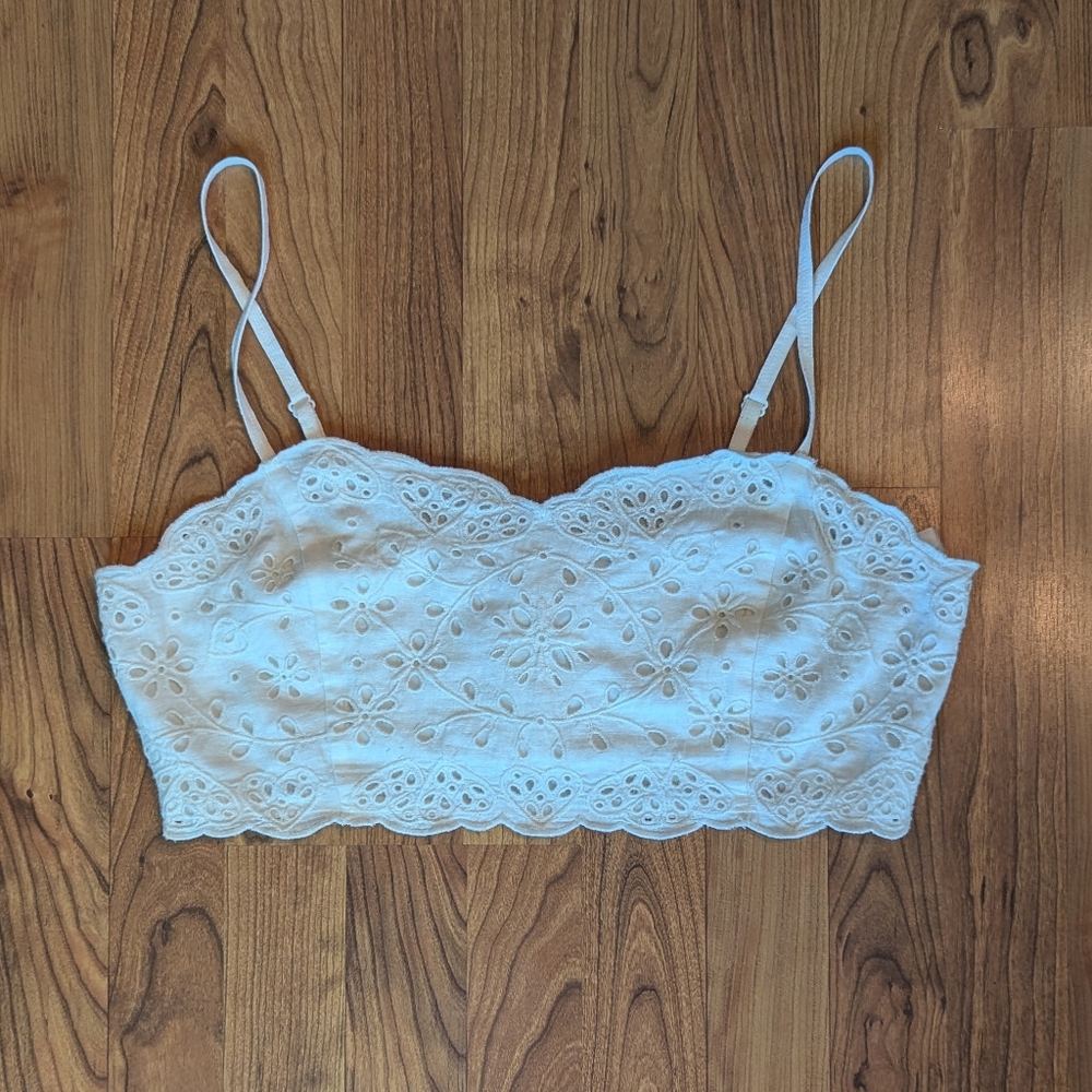 Madewell Eyelet Linen-Blend Crop Tank Top in Cream, Size 12 - Picture 4 of 11